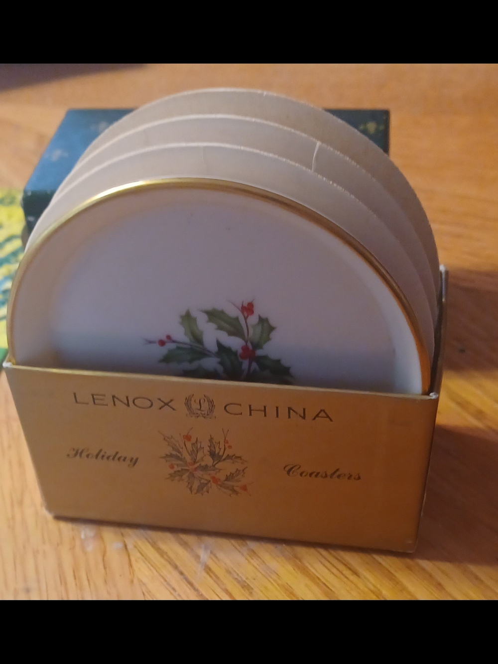 Lenox China Holiday Holly Coaster Set - White with Green & Red
